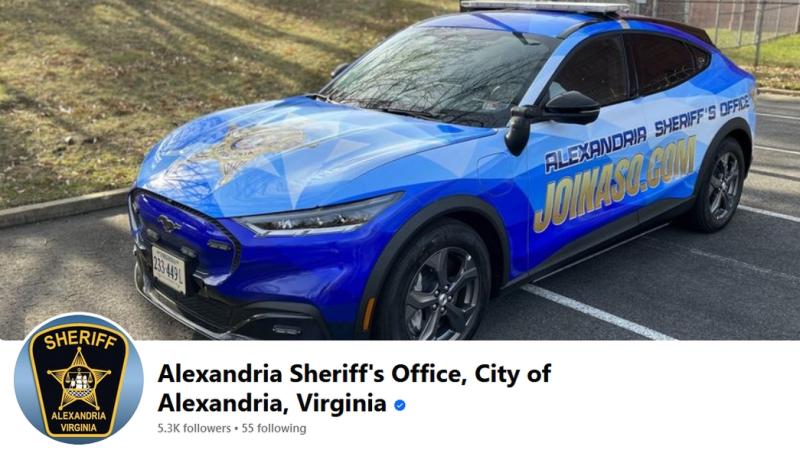 Screen shot of Sheriff's Office Facebook page showing a blue and gold shoulder patch with a star in the center and a large image of a Ford Mustang Mace E wrapped with blue and gold design 