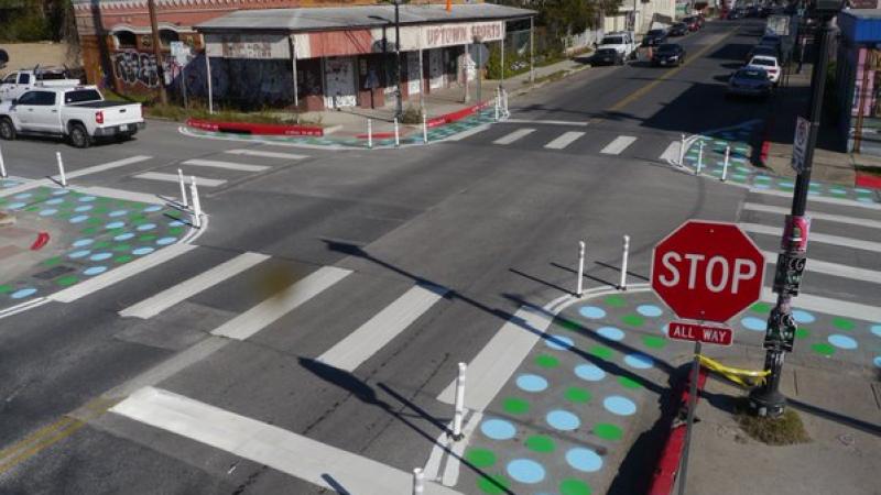 An photo of painted curb extensions at an intersection