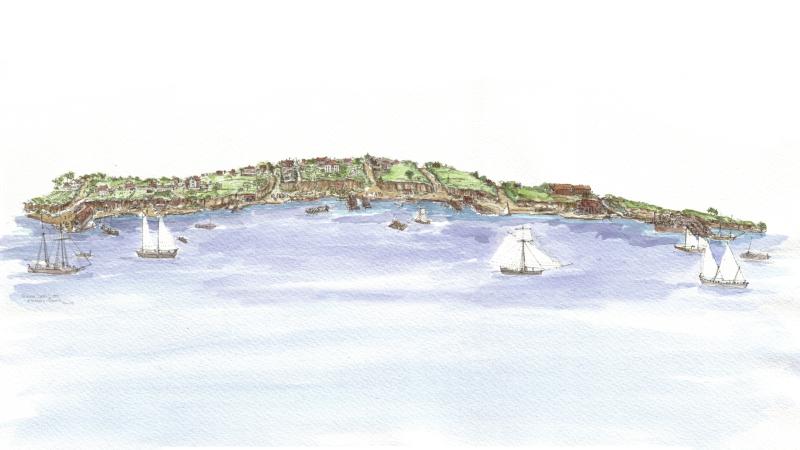 Watercolor of Alexandria in the 18th century showing tall ships on the Potomac and a small port town in the distance.