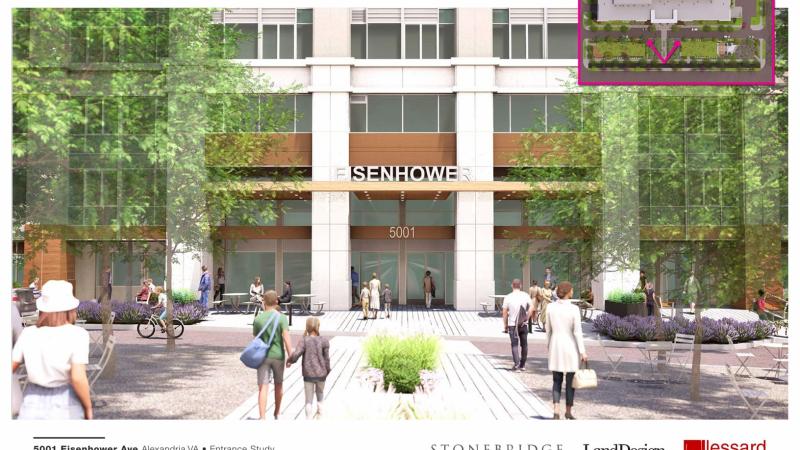 Developer study of the proposed entrance of the new 5001 Eisenhower Ave building, close up on the entrance to the building with people entering and exiting