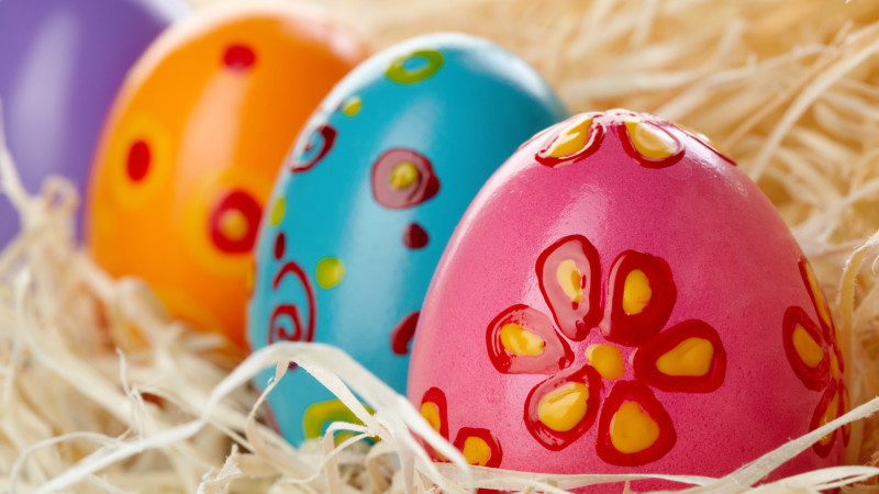 Decorated easter eggs in a row