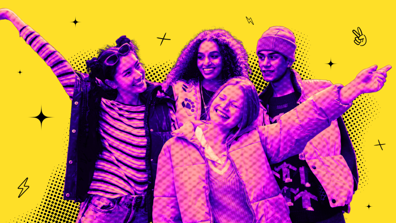 Image of four teens smiling and two of them have one hand up in the air with a purple overlay on a yellow background