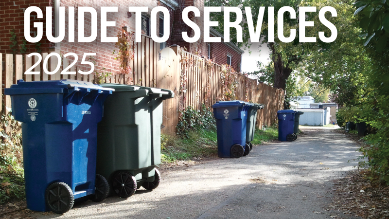 The City seal and logo of the Department of Transportation & Environmental Services logo in a green rectangle above an image of waste bins in an alley with Guide to Services 2025 over it in white text. Recycling, yard waste, trash, and composting are listed in a green rectangle underneath the photo.