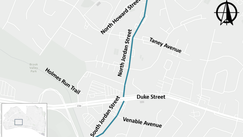 Map of project area (Jordan Street, from Holmes Run Parkway to North Howard Street)