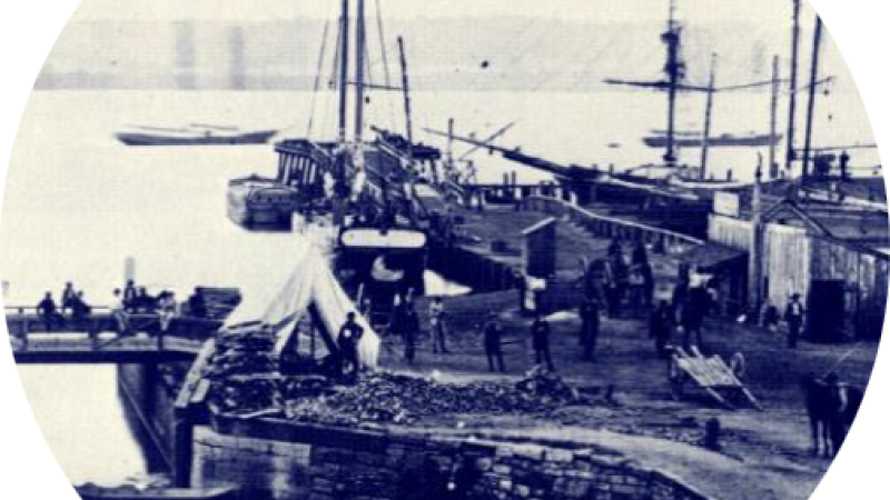 Circular image of historic photo showing ships in Alexandria Canal harbor