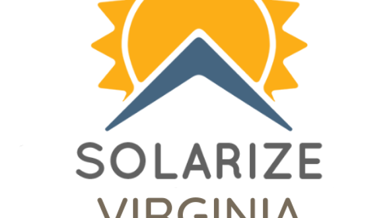 A sun rises over a roof, with the words Solarize Virginia, presented by LEAP below.
