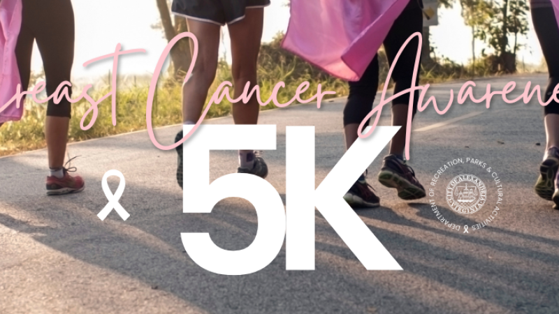 Image of 4 individuals showing only their legs while running/walking with pink capes and the words breast cancer awareness 5K laid on top
