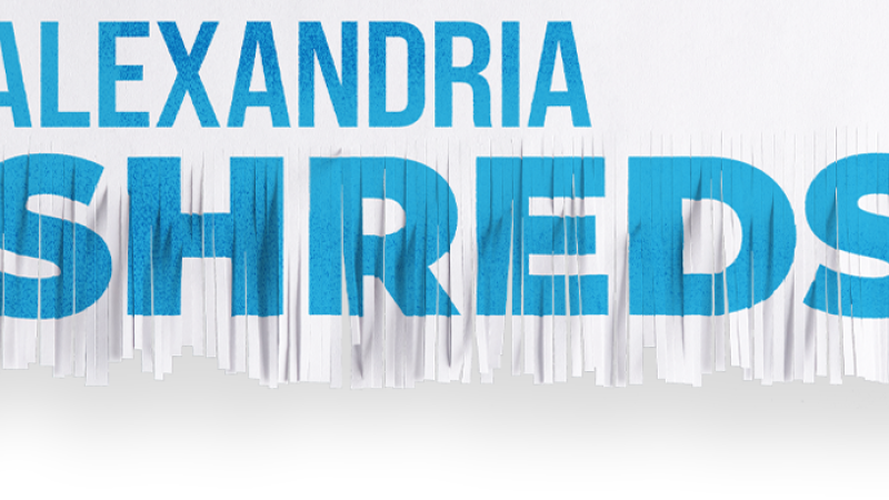 Alexandria Shreds is written in blue text across a background of shredded paper.