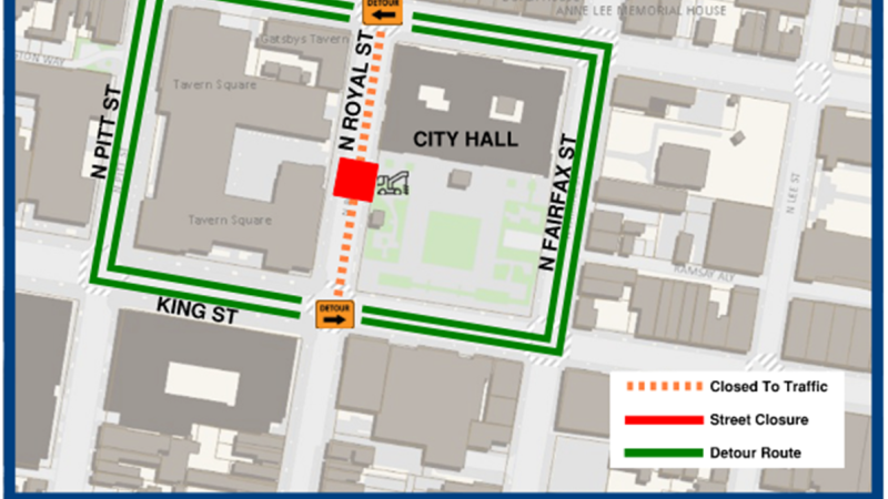 Map showing a detour route around a street closure near City Hall, bordered by Cameron St, North Fairfax St, and King St. The closed area is marked in red, while the detour route is highlighted in green.