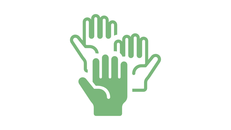 Icon of three green hands raised up as if to volunteer with the hand in front in dark green and the other two hands outlined in green