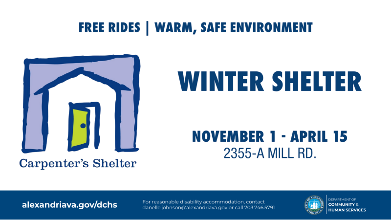 Sletch of a simple house with open door showing winter shelter hours.