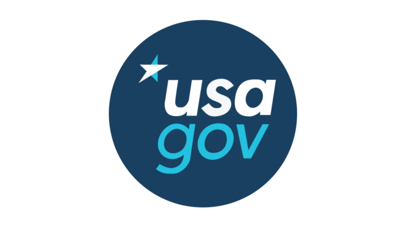 usa.gov logo with the blue circle with a star on the top left and the word usa in white and the word gov below in blue