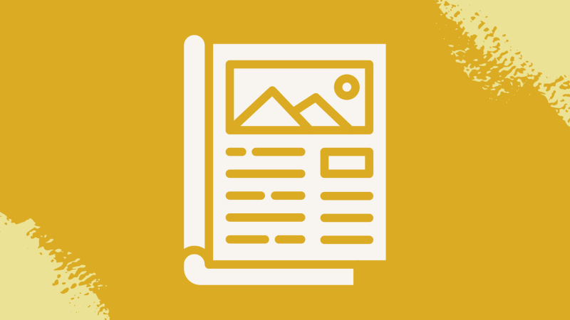 Dark yellow background with lighter yellow highlights and a white magazine icon in the middle