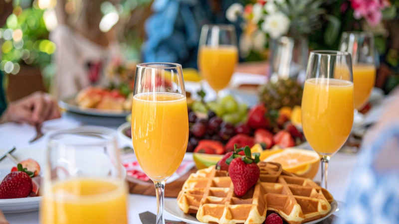 Brunch spread with orange juice in glasses and waffles with berries