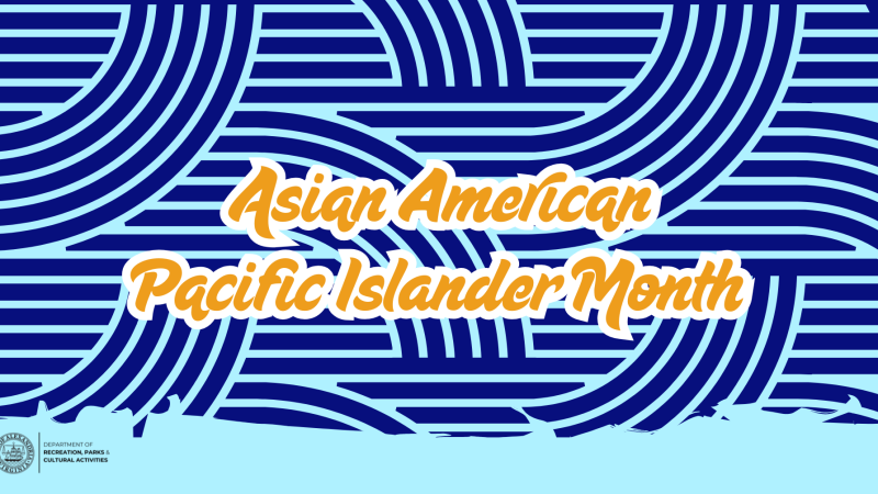 Linear background in hues of blue with words in yellow Asian American Pacific Islander Month
