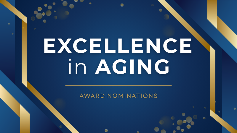 Blue and gold graphic promoting Excellence in Aging Award Nominations from the City of Alexandria Department of Community and Human Services, with the website alexandriava.gov/aging.