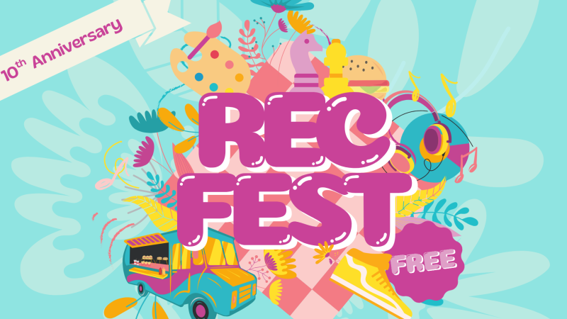 10th Anniversary Rec Fest words with graphics of flowers, food truck, headphones, chess pieces, food, etc.