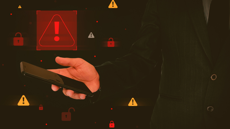 person holding cell phone with alert icons surrounding