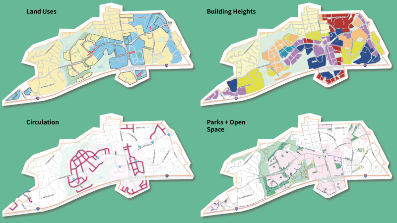 This graphic shows three different Framework Plan map elements from the Alexandria West Small Area Plan: Land Uses, Building Heights, Circulation, Parks + Open Space