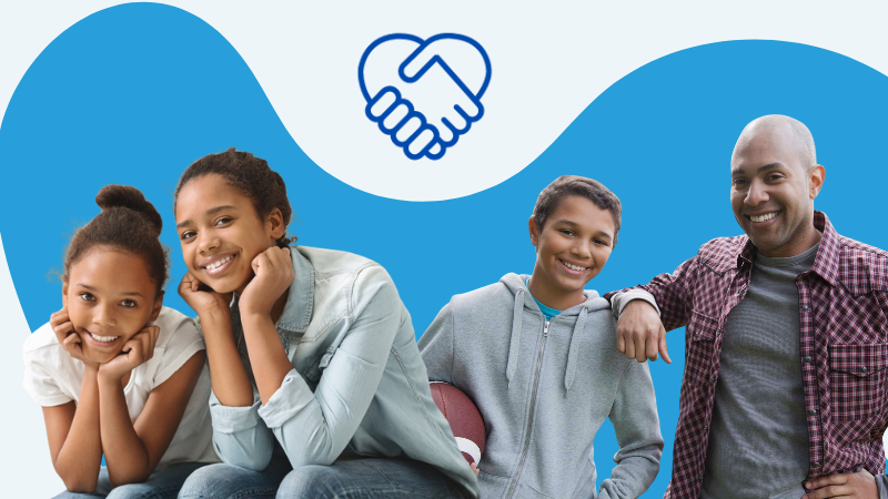 Two females, one young and one older, on the left with their hands placed under their chins as they smile and pose for the camera. Two males, one young and one an adult, smiling and posing for the camera with the child holding a basketball on a blue wavy background
