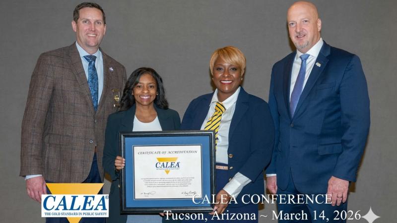 CALEA Commissioner Matthew Packard, Deputy Director Tenesia Wells, Accreditation Manager Myah Marshall, CALEA Executive Director W. Craig Hartley Jr.