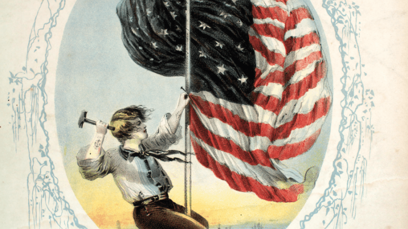 Below the title is an illustration of a young man with his legs wrapped around the flag pole topped with the Liberty Cap. Below are the words “National Sons/The poetry by/ General Geo. P. Morris./ Music by/ William B. Bradbury.