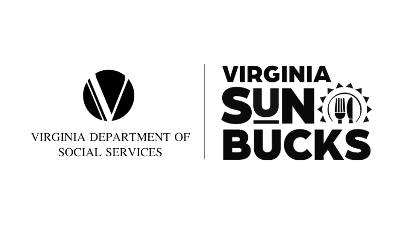 A black-and-white graphic displaying the official logo for "Virginia SUN Bucks". The text reads "VIRGINIA" stacked on top of "SUN", which is stacked on top of "BUCKS". To the right of the word "SUN", there is an icon depicting a fork and knife inside a circular plate, surrounded by stylized sun rays.