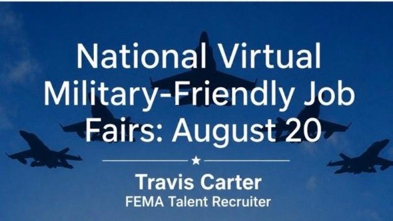 background of fighter jets flying in a blue sky with the words national virtual military friendly job fair august 20