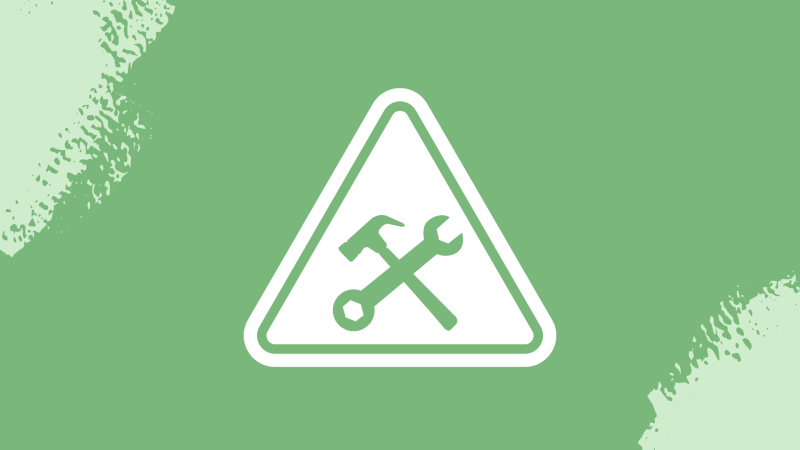 Green background with a lighter shade of green paint texture on the top left and bottom right corners and a white and dark green triangle icon of a hammer and screwdriver