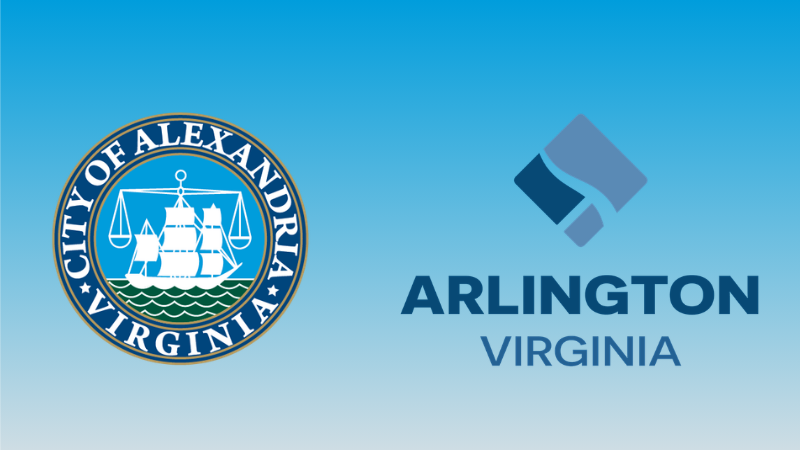 city of alexandria seal on left and arlington virginia logo on right with light blue and gray gradient in background