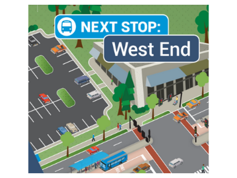 An illustration of an intersection in Alexandria with dedicated bus lanes. Text: "Next Stop: West End"