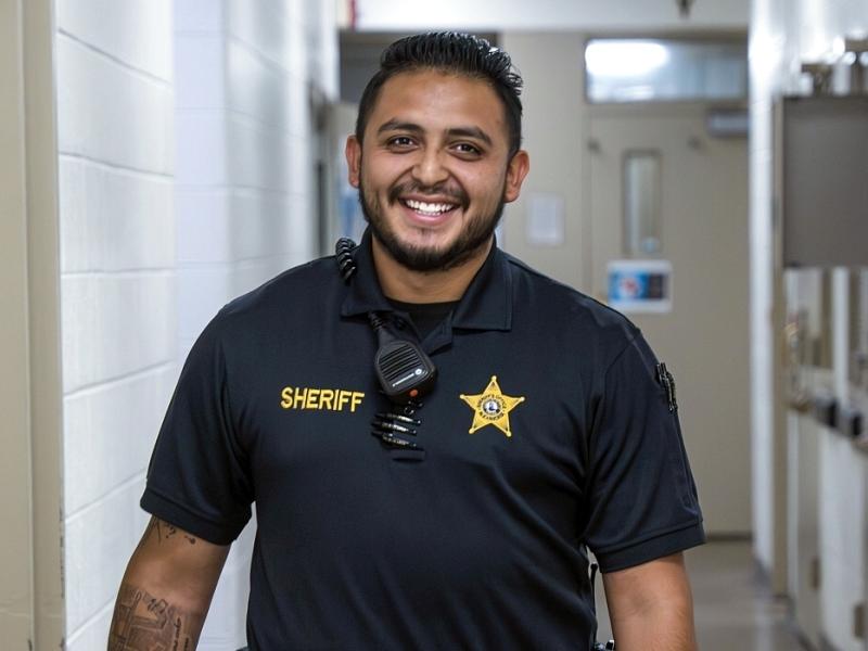 Deputy in blue uniform walking down hallway of jail and holding a clipboard with papers.