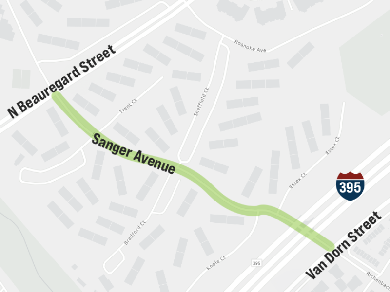 Map of Sanger Avenue between North Beauregard Street and Van Dorn Street, passing underneath I395.