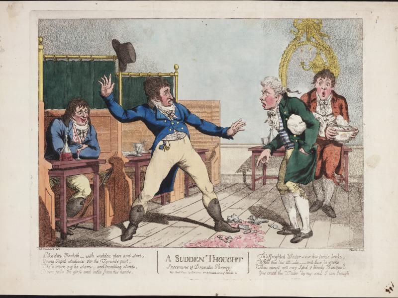 This historic print shows coffeehouse booths--wooden tables and benches with backs, plus a green curtain that hangs above the seating to further separate the booths for privacy.