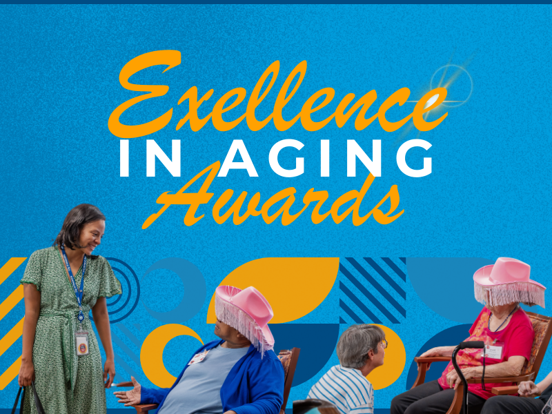 Banner with photo of Mayor Gaskins and older adults sitting smiling at one another wearing pink cowboy hats with tassles