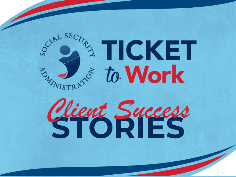 Ticket to Work turquoise and red graphic