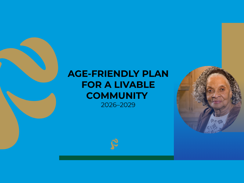 Age-Friendly Plan graphic w/ photo of lady with long gray curls