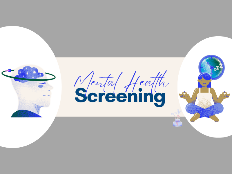 Mental health screening illustration w/ woman doing seated yoga and man with swirls around head
