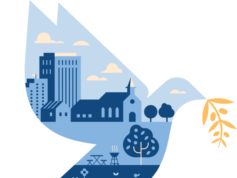 Bird reflecting city