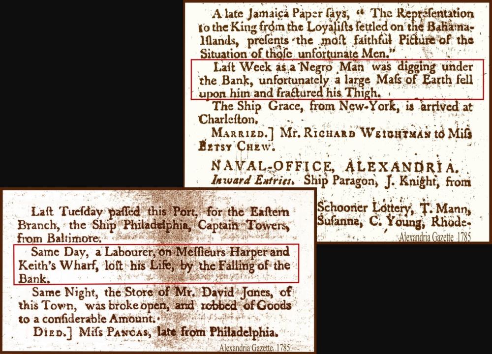 Two accidents related to land-filling reported in the Alexandria Gazette, 1785.