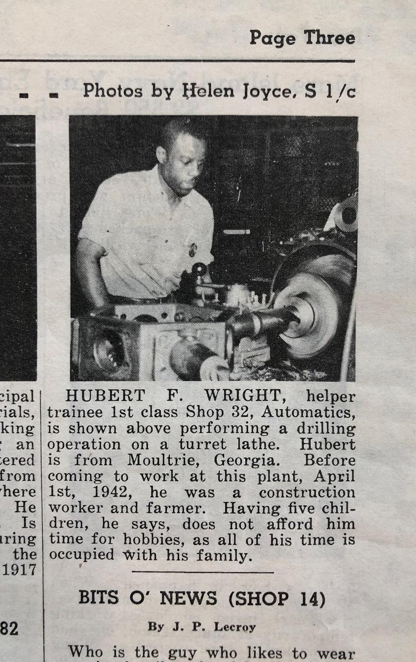 Torpedo Factory worker featured in The Torp, employee newsletter, 1944