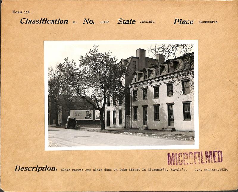 Original caption: Slave market and slave dens on Duke Street in Alexandria, Virginia. J. K. Hillers 1929 (National Archives)