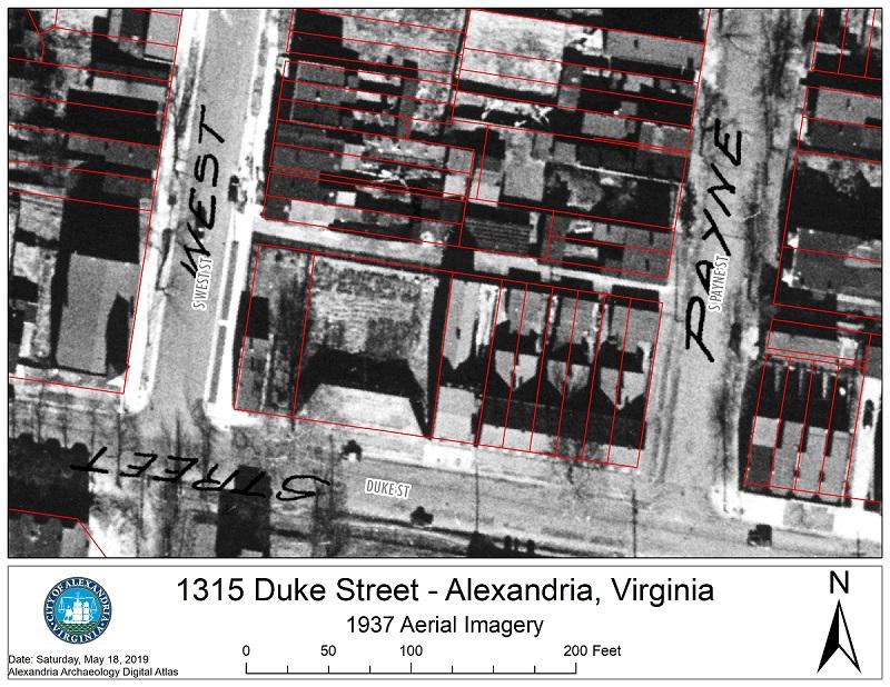 1315 Duke 1937 Aerial image with properties marked in red