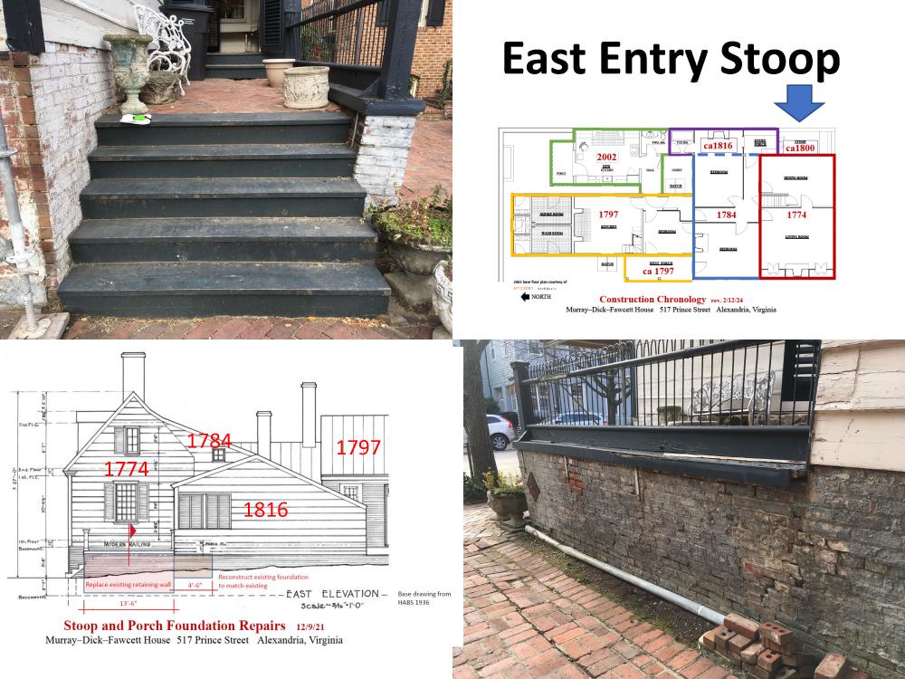 East Entry stoop, photos, plans