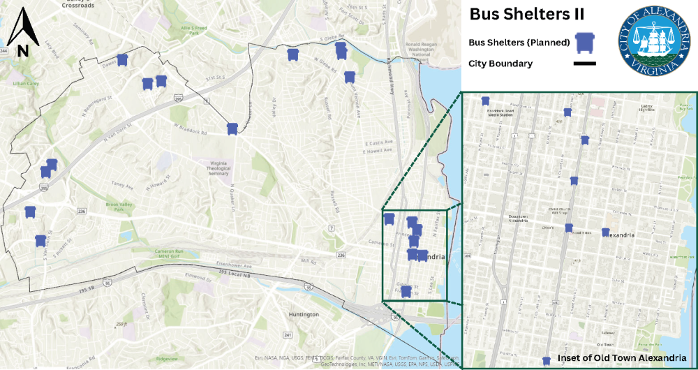 Map of Alexandria showing the exact location of bus shelters being installed.