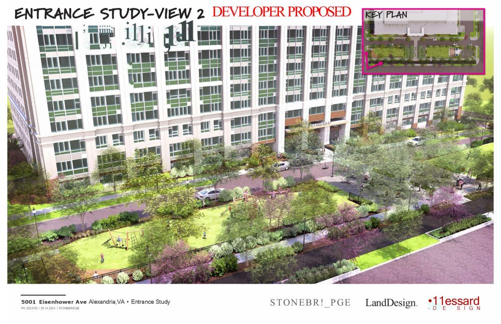 Developer study of the proposed entrance of the new 5001 Eisenhower Ave building, showing green space and paved walking areas, as viewed from the left