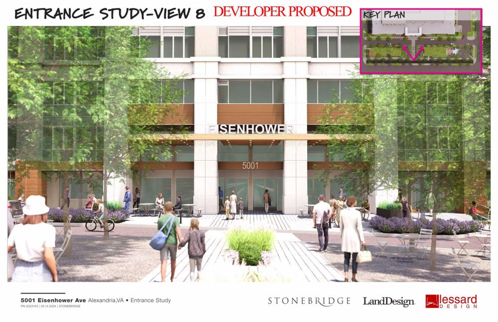 Developer study of the proposed entrance of the new 5001 Eisenhower Ave building, close up on the entrance to the building with people entering and exiting