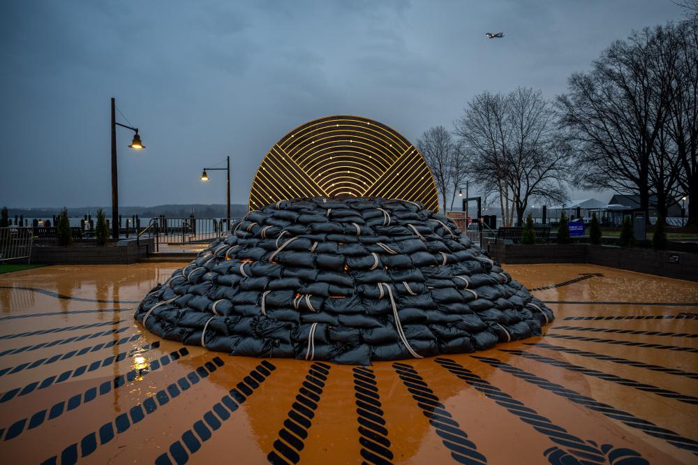 Break Water sculpture in the rain