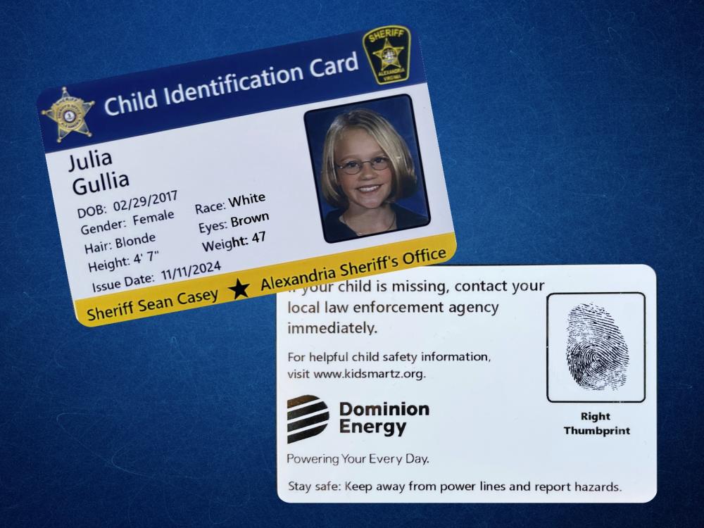A sample photo identification card with personal information and a child's face on one card and helpful tips and a fingerprint on the other card.