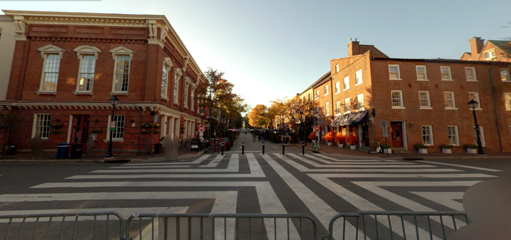 Street-level view of the 100 block of King Street from the unit block of King Street.